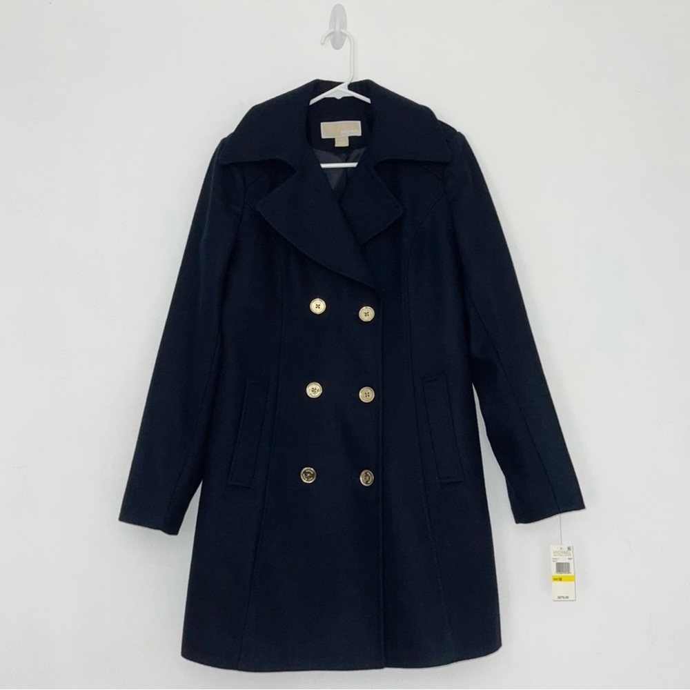 NEW Michael Kors Natural Wool-blend Trench Coat Navy Blue Size Women’s Medium
